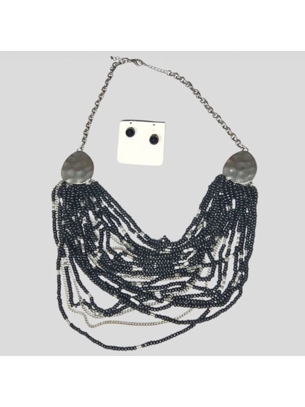 Vintage Black Silver Beaded Necklace and Earrings Set